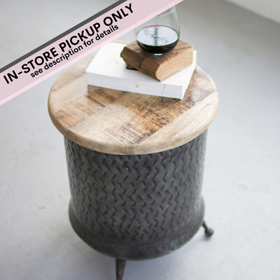 Cylinder Shaped Metal Side Table with Mango Wood Top - IN-STORE PICKUP ONLY