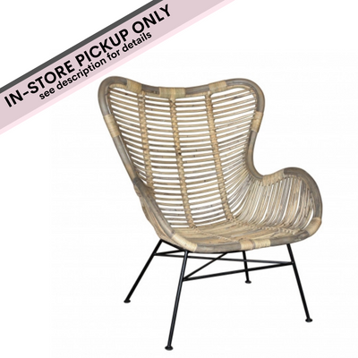 rattan grey wash wing chair iron base 